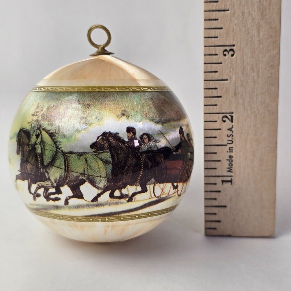 Vintage Christmas Ornament Satin Ball Horse Currier & Ives Sleigh Race Scene - Picture 6 of 6